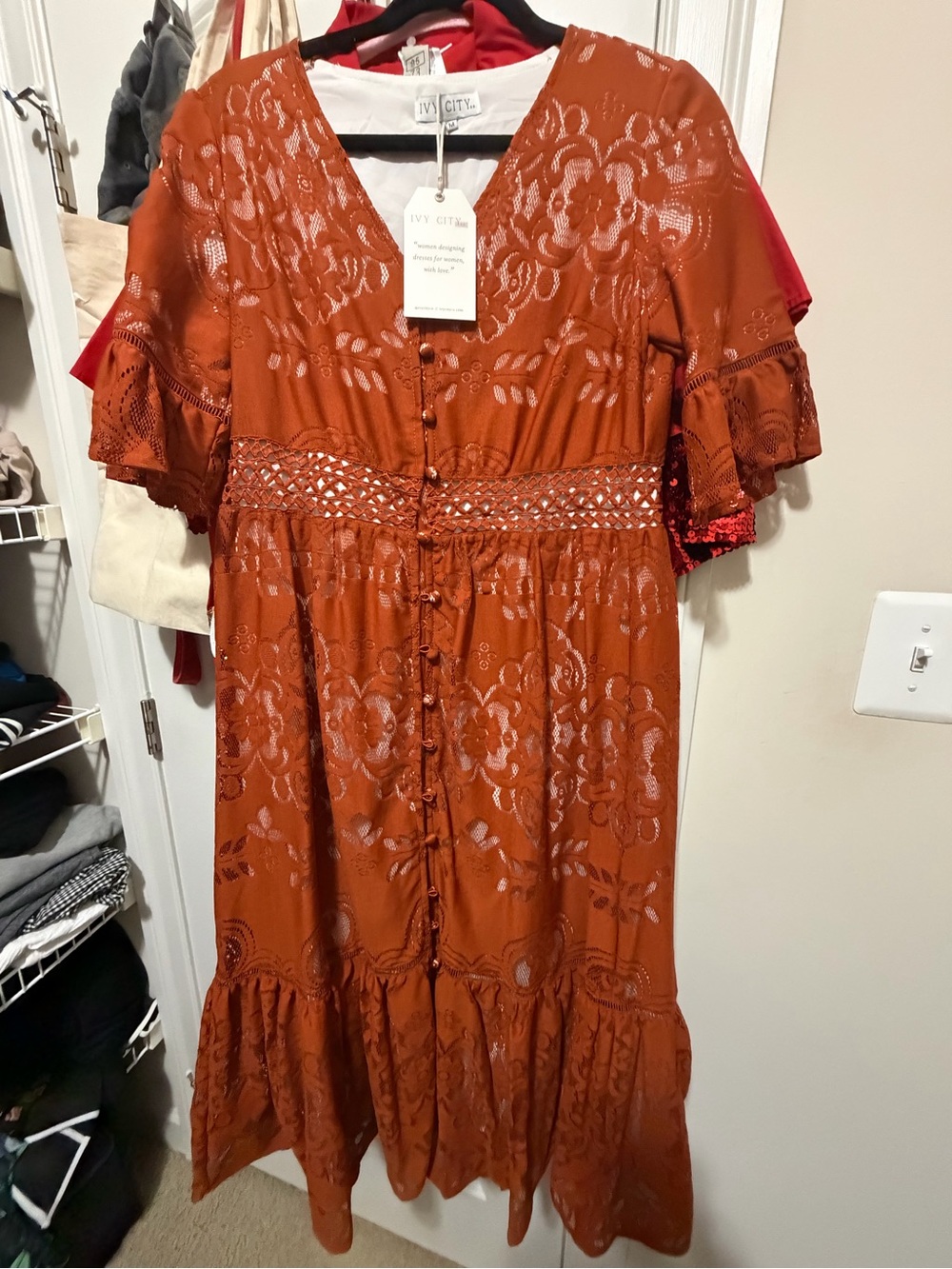 Ivy City Co Burnt Orange Eyelet Button-Front Midi Dress